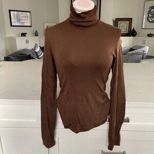 Anthropologie LS Mock Nk Viscose Blend Fine Ribbed Top Chocolate Brown Sz S NWOT